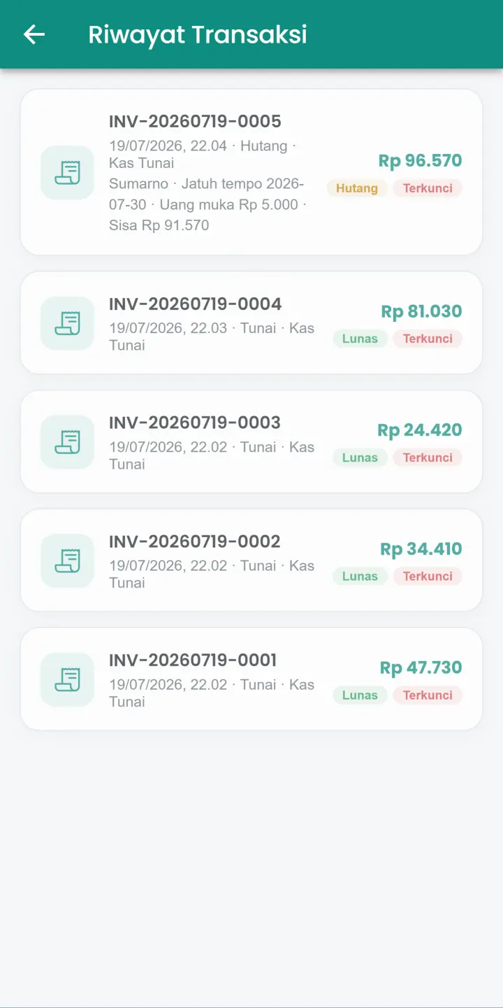 Riwayat transaksi pada aplikasi Kasir Cerdas